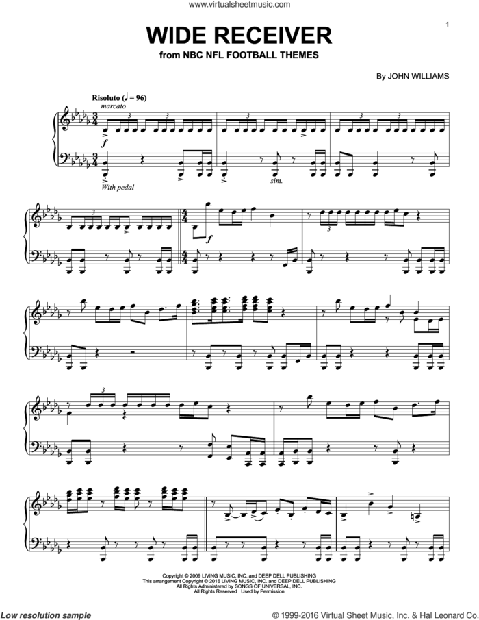 Wide Receiver sheet music for piano solo by John Williams, intermediate skill level