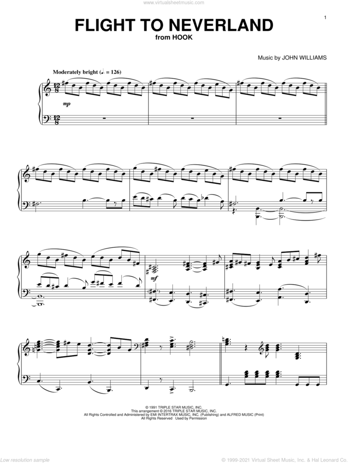 Flight To Neverland sheet music for piano solo by John Williams, intermediate skill level