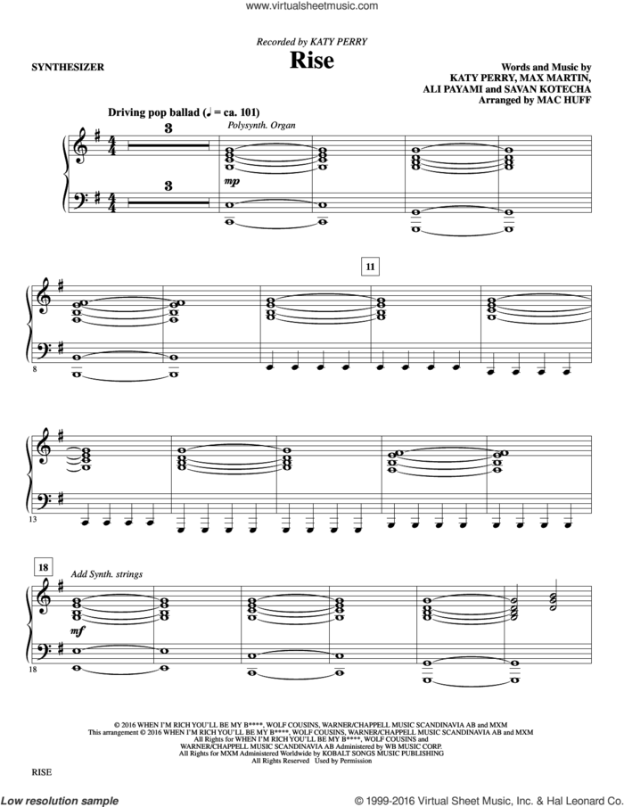 Rise (arr. Mac Huff) sheet music for orchestra/band (synthesizer) by Max Martin, Mac Huff, Ali Payami, Katy Perry and Savan Kotecha, intermediate skill level