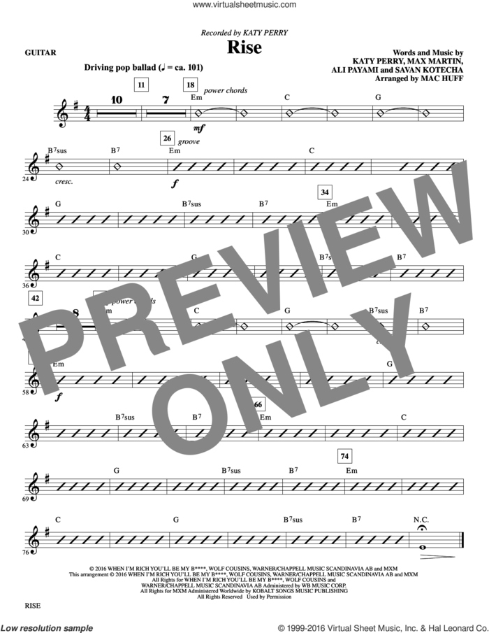 Rise (arr. Mac Huff) sheet music for orchestra/band (guitar) by Max Martin, Mac Huff, Ali Payami, Katy Perry and Savan Kotecha, intermediate skill level