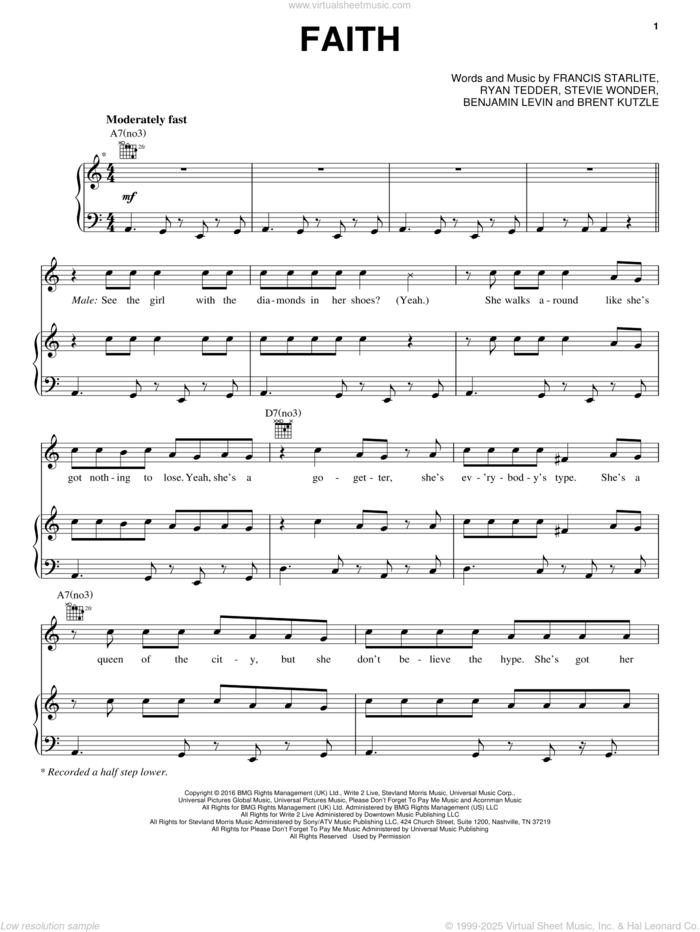 Faith sheet music for voice, piano or guitar by Stevie Wonder feat. Ariana Grande, Benny Blanco, Brent Kutzle, Francis Farewell Starlite, Ryan Tedder and Stevie Wonder, intermediate skill level