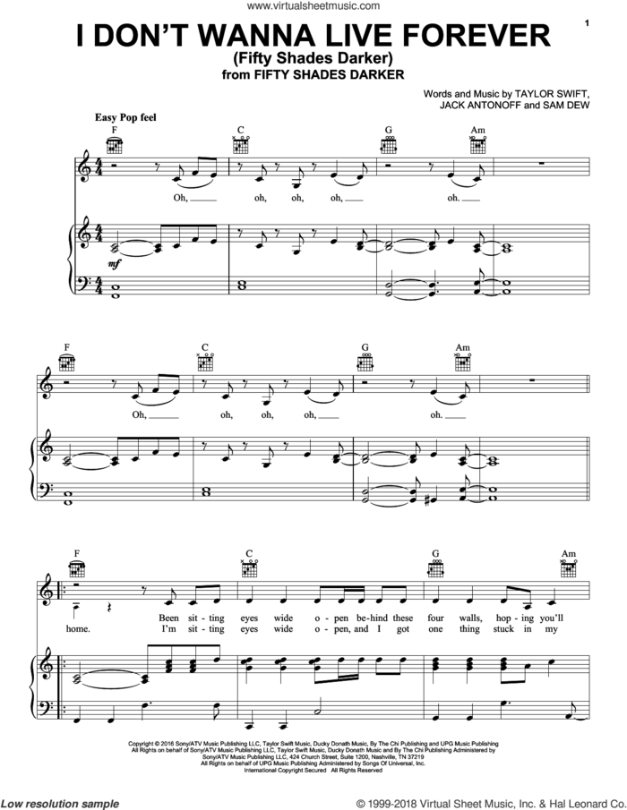 I Don't Wanna Live Forever sheet music for voice, piano or guitar by Zayn and Taylor Swift, Jack Antonoff, Sam Dew and Taylor Swift, intermediate skill level