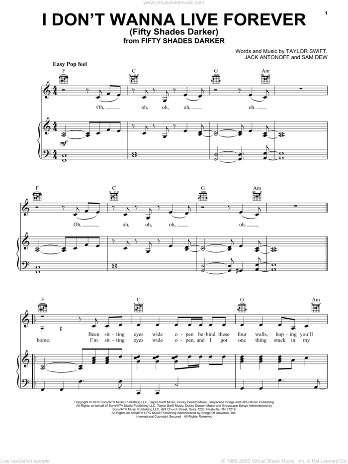 I Don't Wanna Live Forever sheet music for voice, piano or guitar by Zayn and Taylor Swift, Jack Antonoff, Sam Dew and Taylor Swift, intermediate skill level