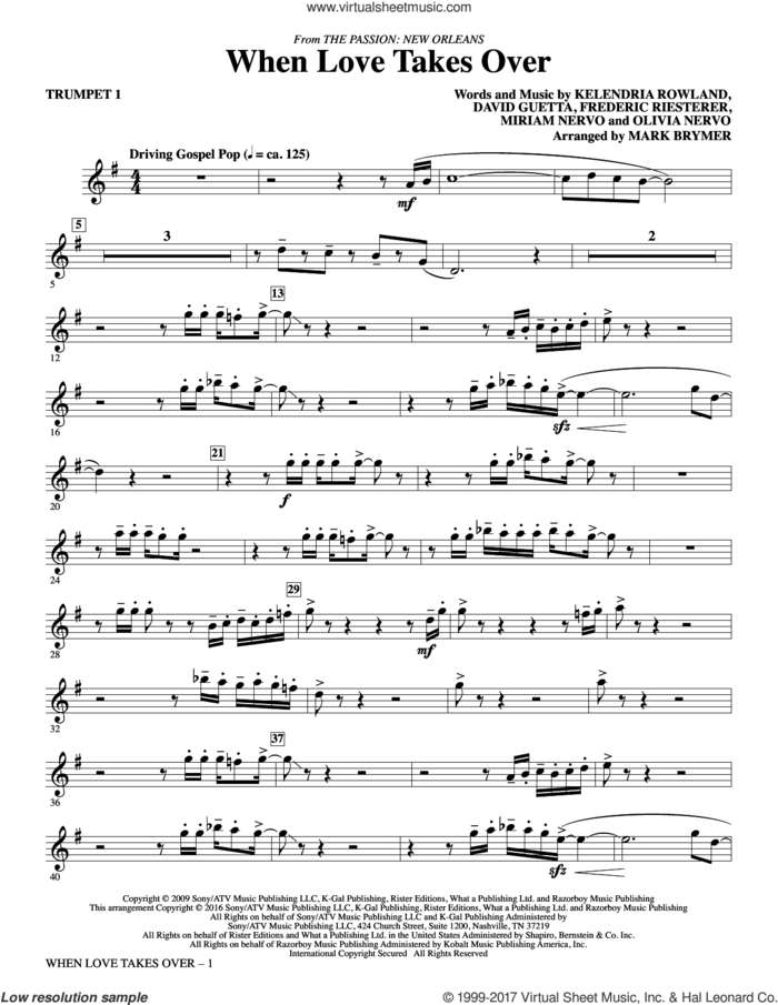 When Love Takes Over (from The Passion: New Orleans) (complete set of parts) sheet music for orchestra/band by Mark Brymer, David Guetta, Frederic Riesterer, Kelendria Rowland, Kelly Rowland, Miriam Nervo, Olivia Nervo and Yolanda Adams, intermediate skill level