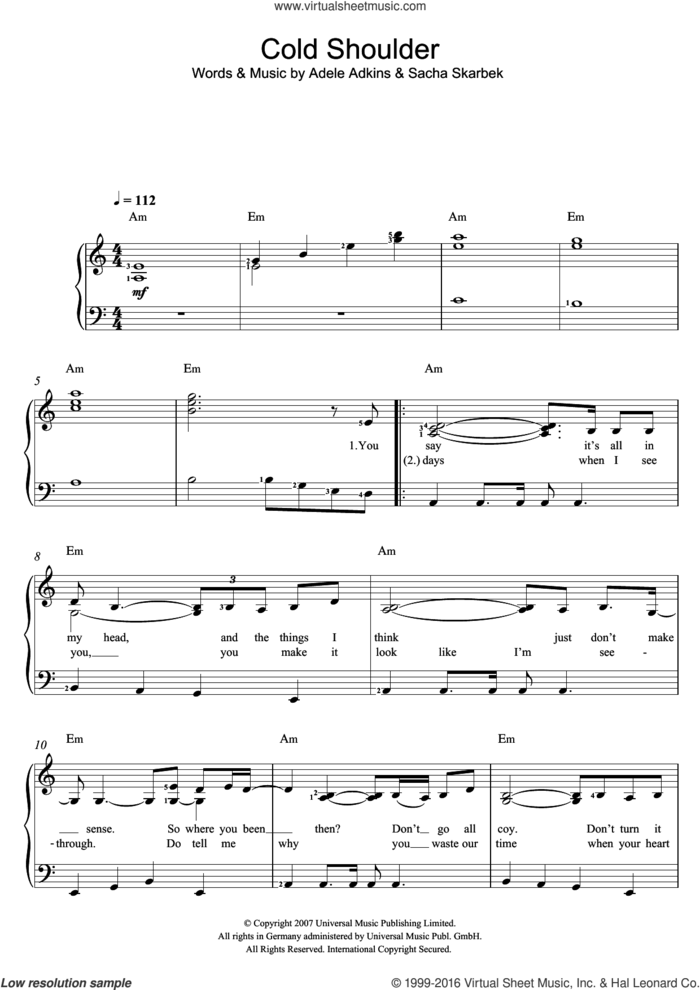 Cold Shoulder sheet music for voice and piano by Adele, Adele Adkins and Sacha Skarbek, intermediate skill level