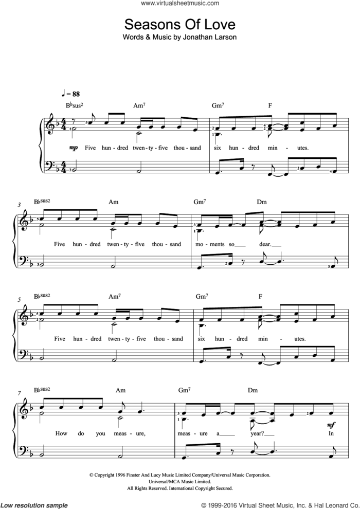 Seasons Of Love (from Rent) sheet music for voice and piano by Jonathan Larson, intermediate skill level