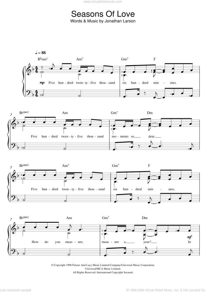 Seasons Of Love (from Rent) sheet music for voice and piano by Jonathan Larson, intermediate skill level