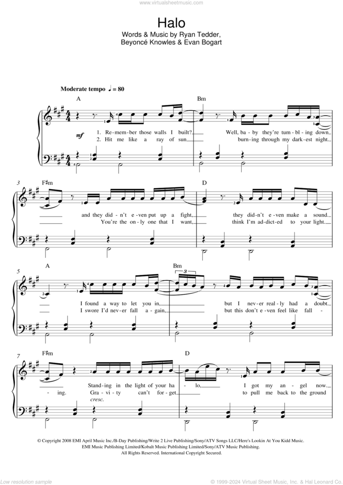 Halo sheet music for voice and piano by Beyonce, Beyonce Knowles, Beyonce, Evan Bogart and Ryan Tedder, intermediate skill level