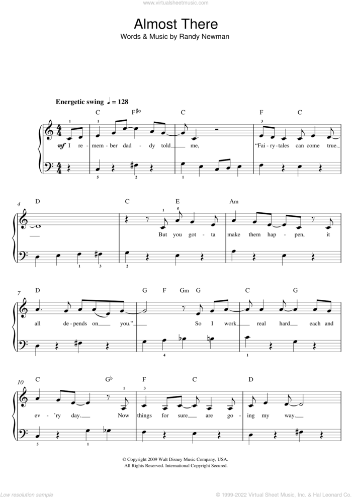 Almost There (from The Princess and the Frog) sheet music for piano solo (beginners) by Randy Newman, beginner piano (beginners)