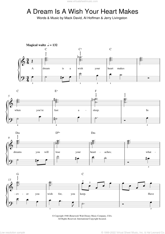 A Dream Is A Wish Your Heart Makes (from Cinderella) sheet music for piano solo (beginners) by Lily James, Ilene Woods, Al Hoffman, Jerry Livingston, John Lennon and Mack David, wedding score, beginner piano (beginners)