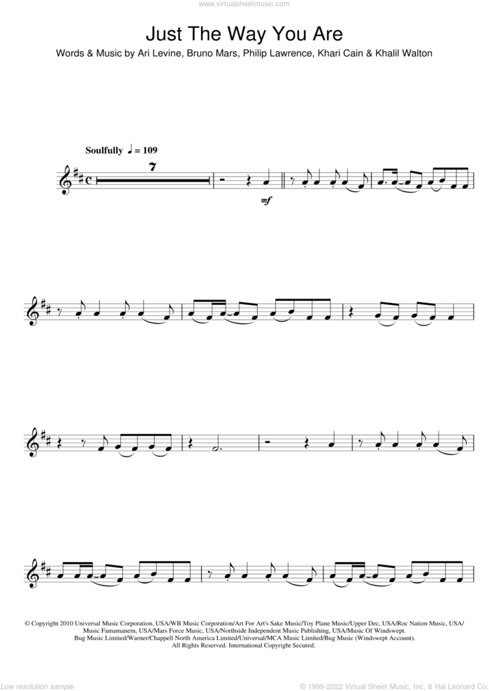 Just The Way You Are sheet music for alto saxophone solo by Bruno Mars, Ari Levine, Khalil Walton, Khari Cain and Philip Lawrence, wedding score, intermediate skill level