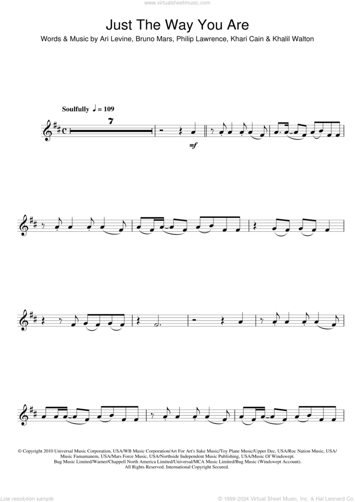 Just The Way You Are sheet music for alto saxophone solo by Bruno Mars, Ari Levine, Khalil Walton, Khari Cain and Philip Lawrence, wedding score, intermediate skill level