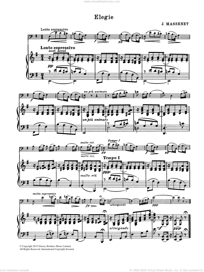 Elegie sheet music for cello solo by Jules Massenet, classical score, intermediate skill level