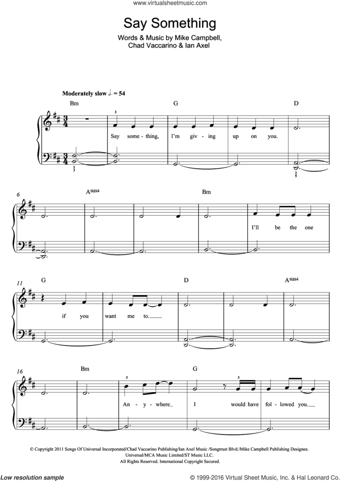 Say Something sheet music for piano solo (beginners) by Christina Aguilera, A Great Big World, Chad Vaccarino, Ian Axel and Mike Campbell, beginner piano (beginners)