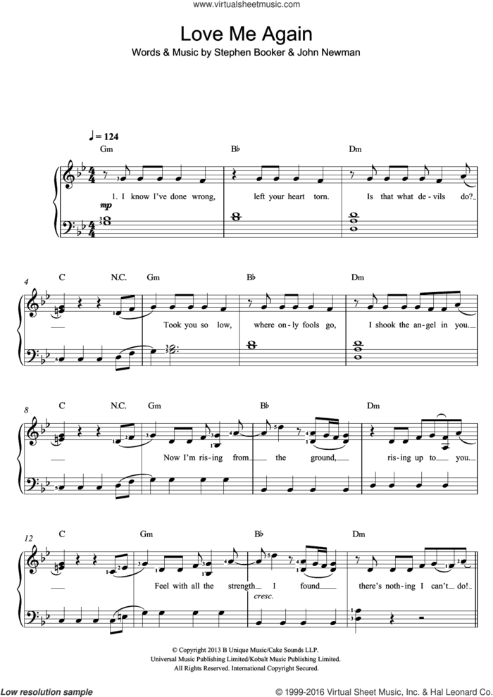 Love Me Again sheet music for voice and piano by John Newman and Steve Booker, intermediate skill level