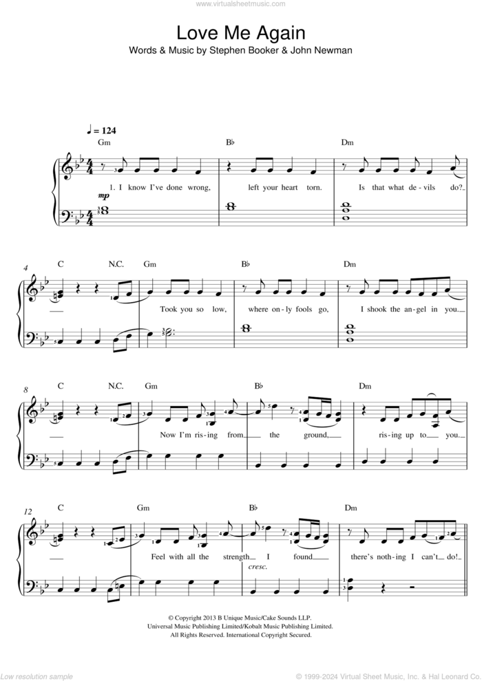 Love Me Again sheet music for voice and piano by John Newman and Steve Booker, intermediate skill level