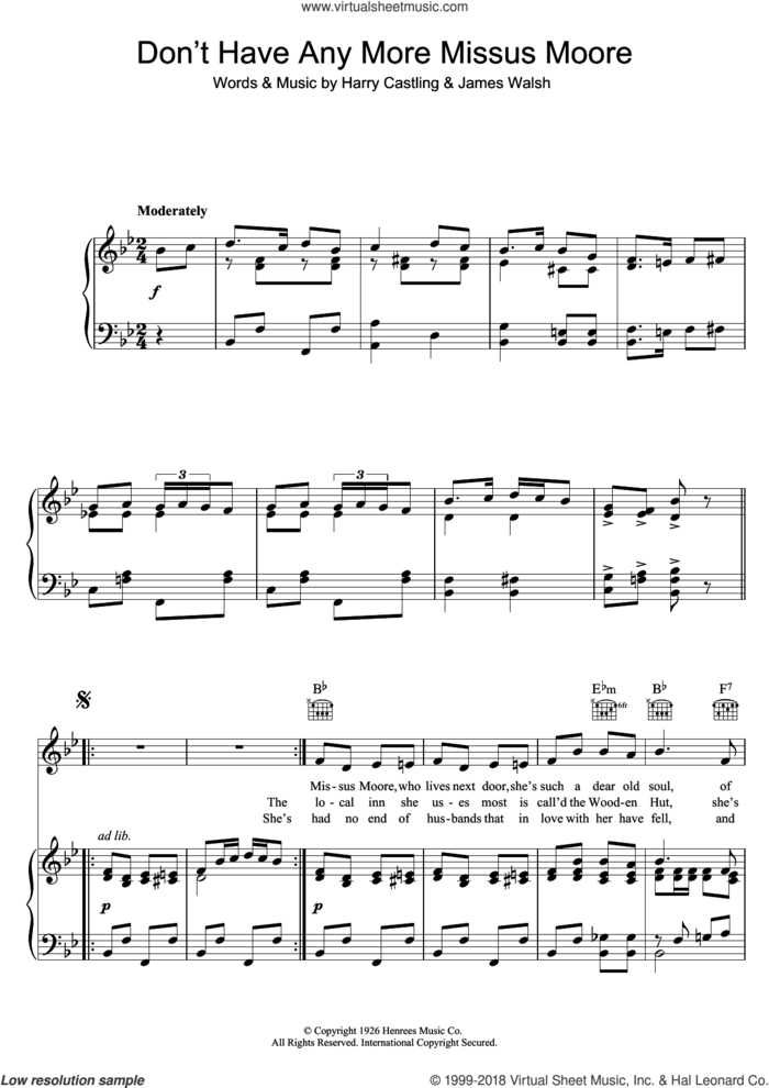 Don't Have Any More Missus Moore sheet music for voice, piano or guitar by Lily Morris, Harry Castling and James Walsh, intermediate skill level