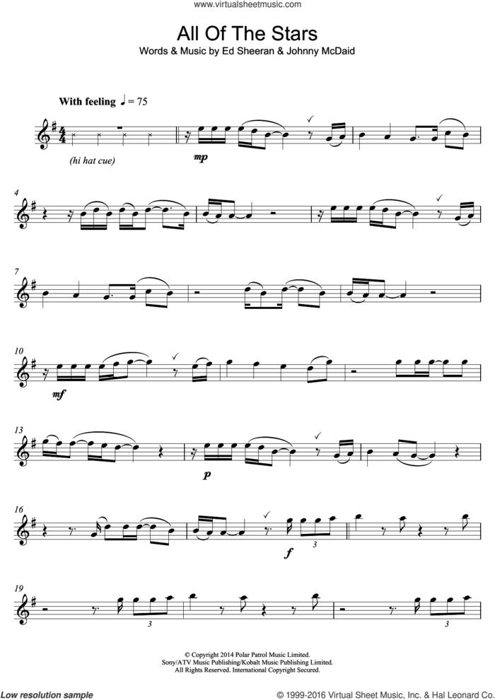 All Of The Stars sheet music for alto saxophone solo by Ed Sheeran and Johnny McDaid, intermediate skill level
