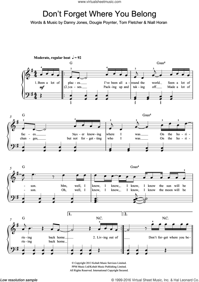 Don't Forget Where You Belong sheet music for piano solo (beginners) by One Direction, Danny Jones, Dougie Poynter, Niall Horan and Thomas Fletcher, beginner piano (beginners)