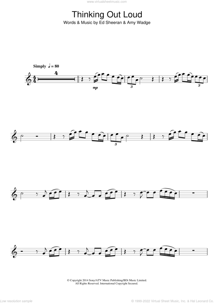 Thinking Out Loud sheet music for alto saxophone solo by Ed Sheeran and Amy Wadge, wedding score, intermediate skill level