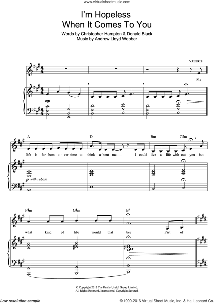I'm Hopeless When It Comes To You (from Stephen Ward) sheet music for voice and piano by Andrew Lloyd Webber, Christopher Hampton and Don Black, intermediate skill level