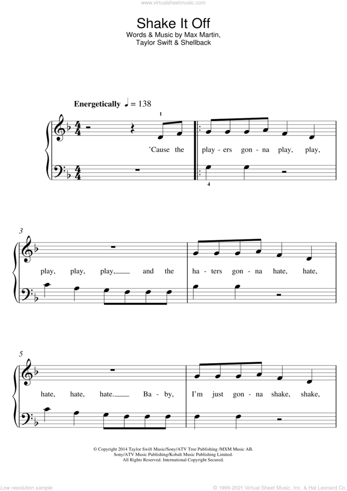 Shake It Off sheet music for piano solo (5-fingers) by Taylor Swift, Max Martin and Shellback, beginner piano (5-fingers)