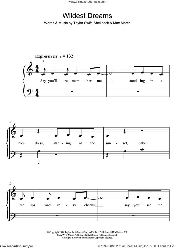 Wildest Dreams sheet music for piano solo (5-fingers) by Taylor Swift, Max Martin and Shellback, beginner piano (5-fingers)