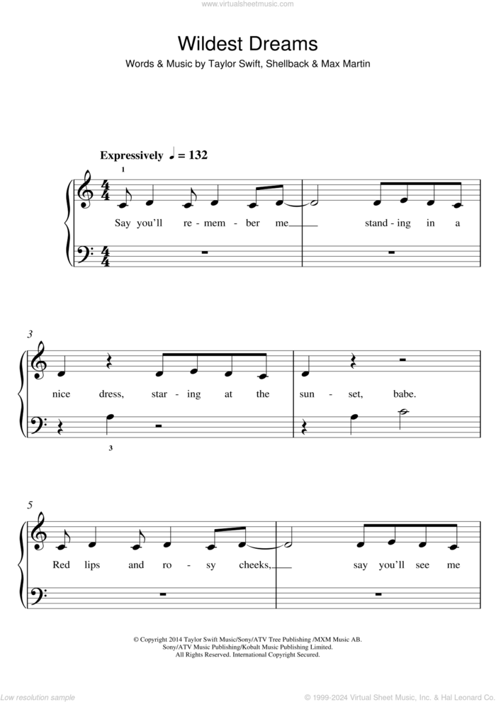 Wildest Dreams sheet music for piano solo (5-fingers) by Taylor Swift, Max Martin and Shellback, beginner piano (5-fingers)