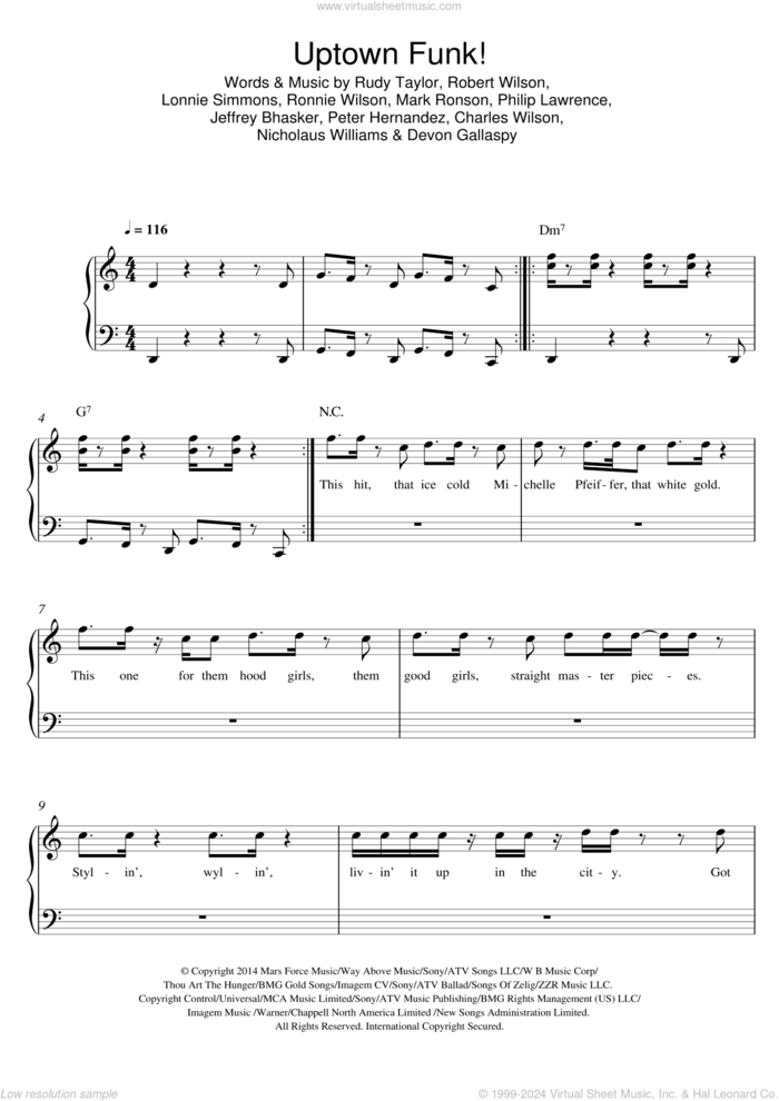 Uptown Funk (feat. Bruno Mars) sheet music for piano solo by Mark Ronson, Bruno Mars, Charles Wilson, Devon Gallaspy, Jeffrey Bhasker, Lonnie Simmons, Nicholaus Williams, Peter Hernandez, Philip Lawrence, Robert Wilson, Ronnie Wilson and Rudy Taylor, easy skill level