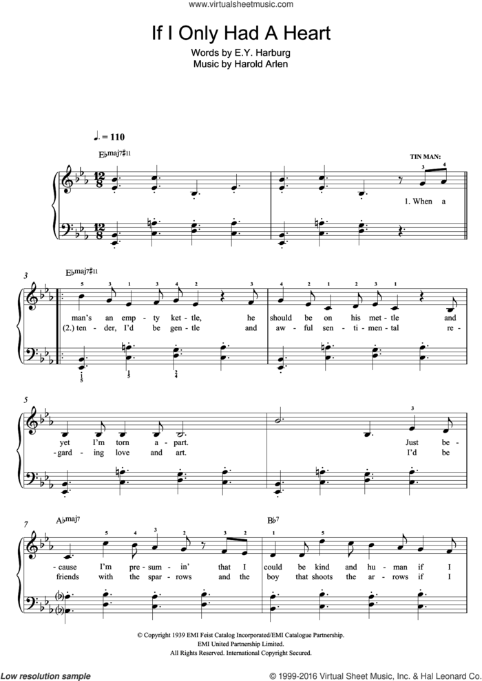 If I Only Had A Heart sheet music for piano solo by Harold Arlen and E.Y. Harburg, easy skill level