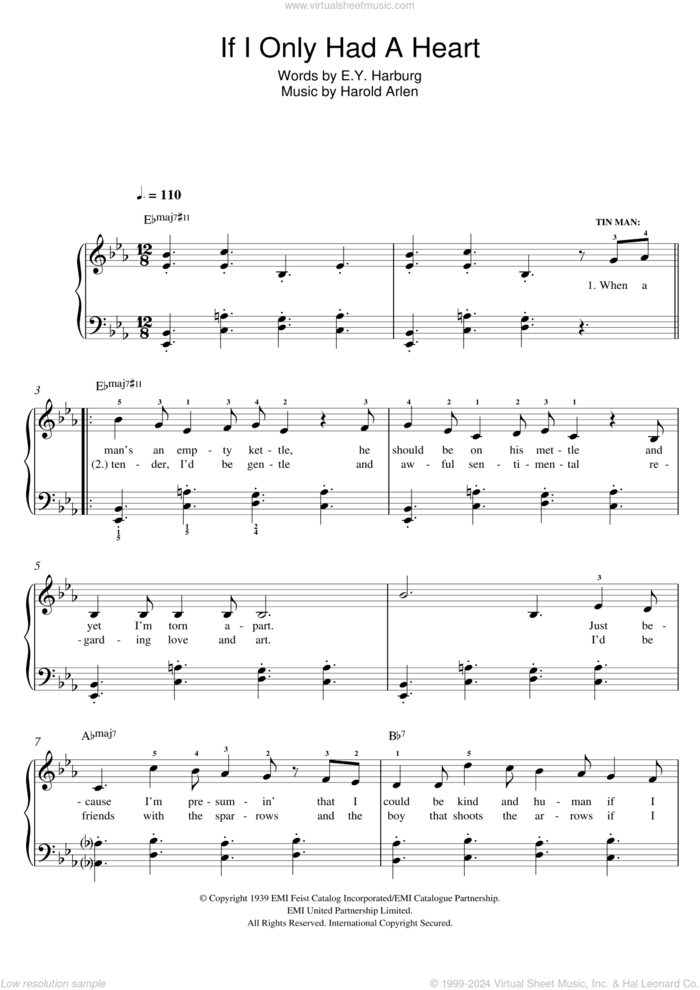 If I Only Had A Heart sheet music for piano solo by Harold Arlen and E.Y. Harburg, easy skill level