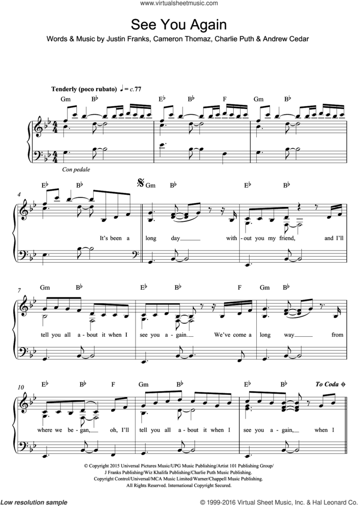 See You Again (featuring Charlie Puth) sheet music for piano solo by Wiz Khalifa, Andrew Cedar, Cameron Thomaz, Charlie Puth and Justin Franks, easy skill level