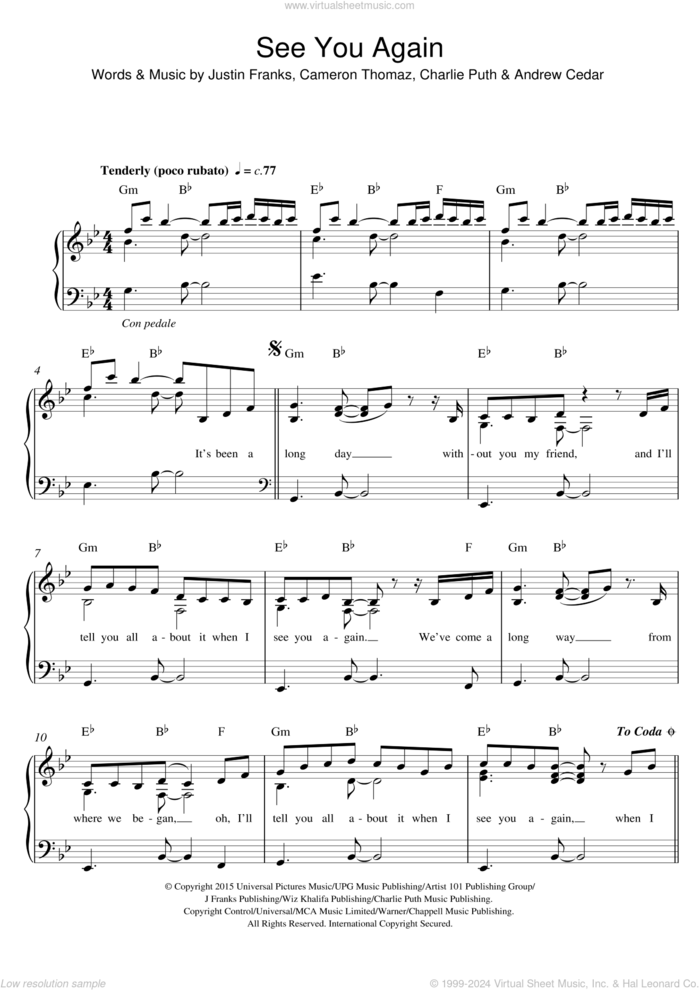 See You Again (featuring Charlie Puth) sheet music for piano solo by Wiz Khalifa, Andrew Cedar, Cameron Thomaz, Charlie Puth and Justin Franks, easy skill level