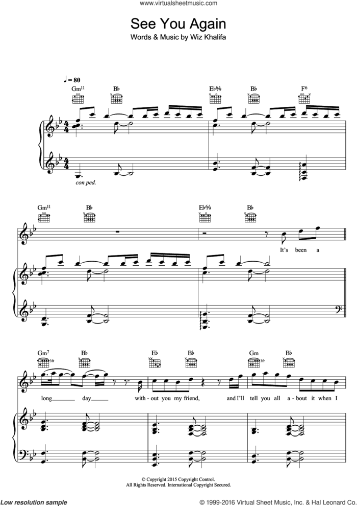 See You Again (featuring Charlie Puth) sheet music for voice, piano or guitar by Wiz Khalifa, Andrew Cedar, Cameron Thomaz, Charlie Puth and Justin Franks, intermediate skill level