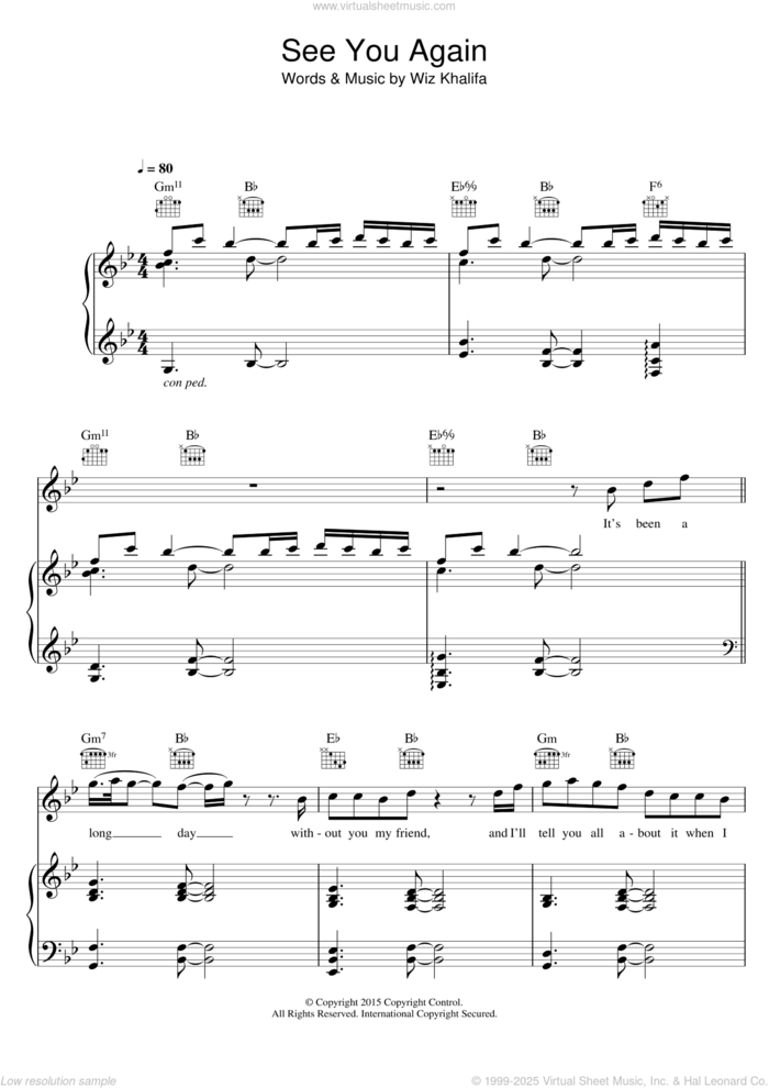 See You Again (featuring Charlie Puth) sheet music for voice, piano or guitar by Wiz Khalifa, Andrew Cedar, Cameron Thomaz, Charlie Puth and Justin Franks, intermediate skill level