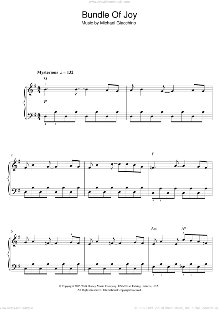 Bundle Of Joy (From 'Inside Out') sheet music for piano solo (beginners) by Michael Giacchino, beginner piano (beginners)