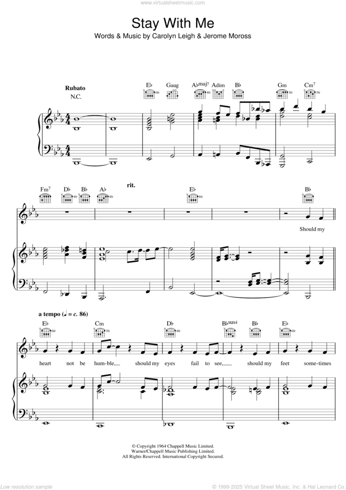 Stay With Me sheet music for voice, piano or guitar by Bob Dylan, Frank Sinatra, Carolyn Leigh and Jerome Moross, intermediate skill level