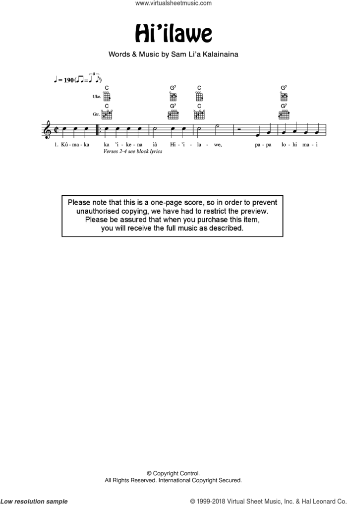 Hi'ilawe sheet music for ukulele by Gabby Pahinui, intermediate skill level