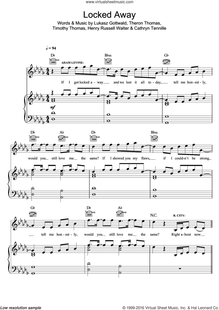 Locked Away (featuring Adam Levine) sheet music for voice, piano or guitar by R. City, Adam Levine, R. City feat. Adam Levine, Cathryn Tennille, Henry Russell Walter, Lukasz Gottwald, Theron Thomas and Timmy Thomas, intermediate skill level