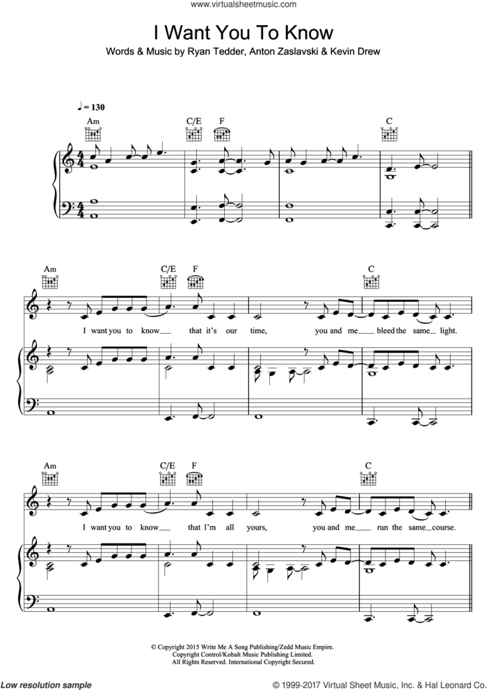 I Want You To Know (featuring Selena Gomez) sheet music for voice, piano or guitar by Zedd, Selena Gomez, Zedd feat. Selena Gomez, Anton Zaslavski, Kevin Drew and Ryan Tedder, intermediate skill level