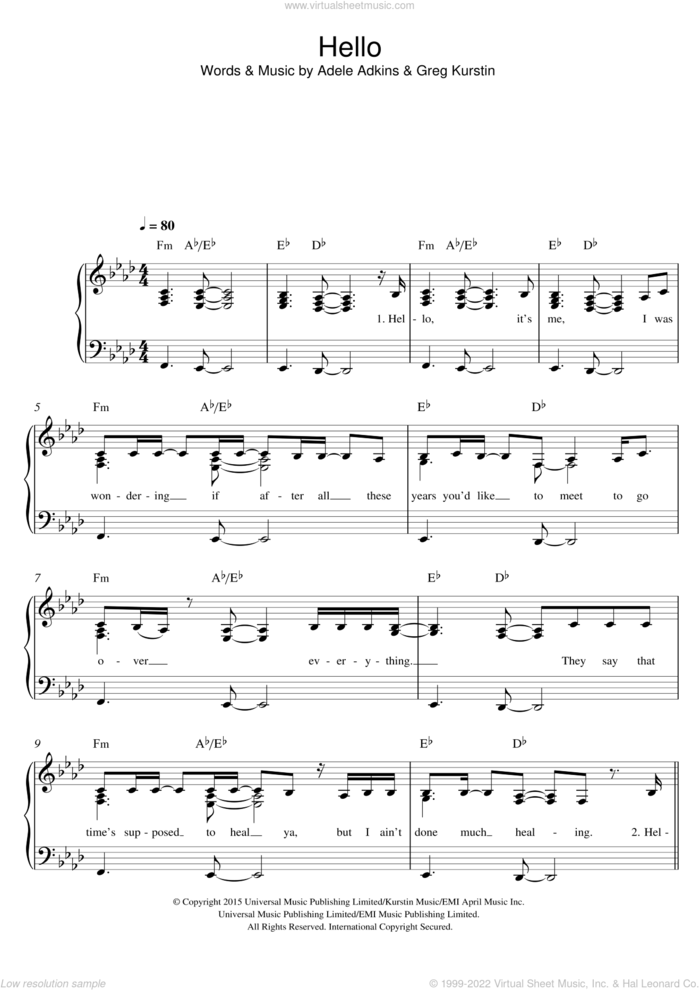 Hello sheet music for piano solo by Adele, Adele Adkins and Greg Kurstin, easy skill level