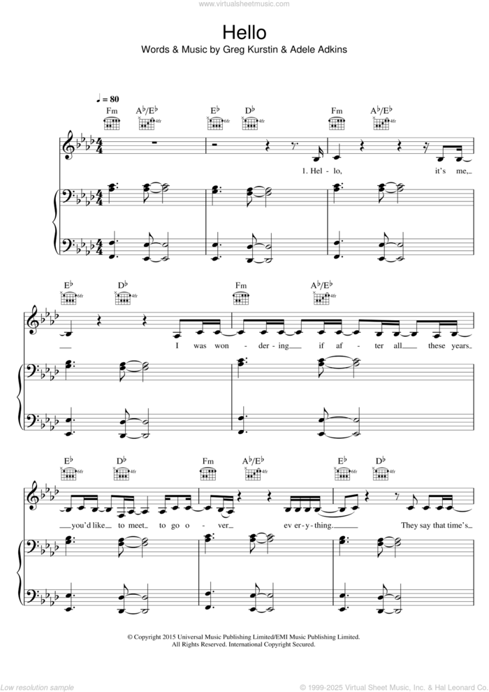 Hello sheet music for voice, piano or guitar by Adele, Adele Adkins and Greg Kurstin, intermediate skill level