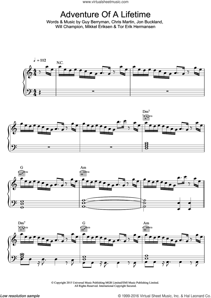 Adventure Of A Lifetime sheet music for voice, piano or guitar by Coldplay, Christopher Martin, Guy Berryman, Jonathan Buckland and William Champion, intermediate skill level