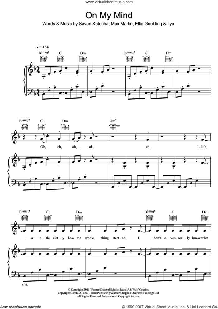 On My Mind sheet music for voice, piano or guitar by Ellie Goulding, Ilya, Max Martin and Savan Kotecha, intermediate skill level