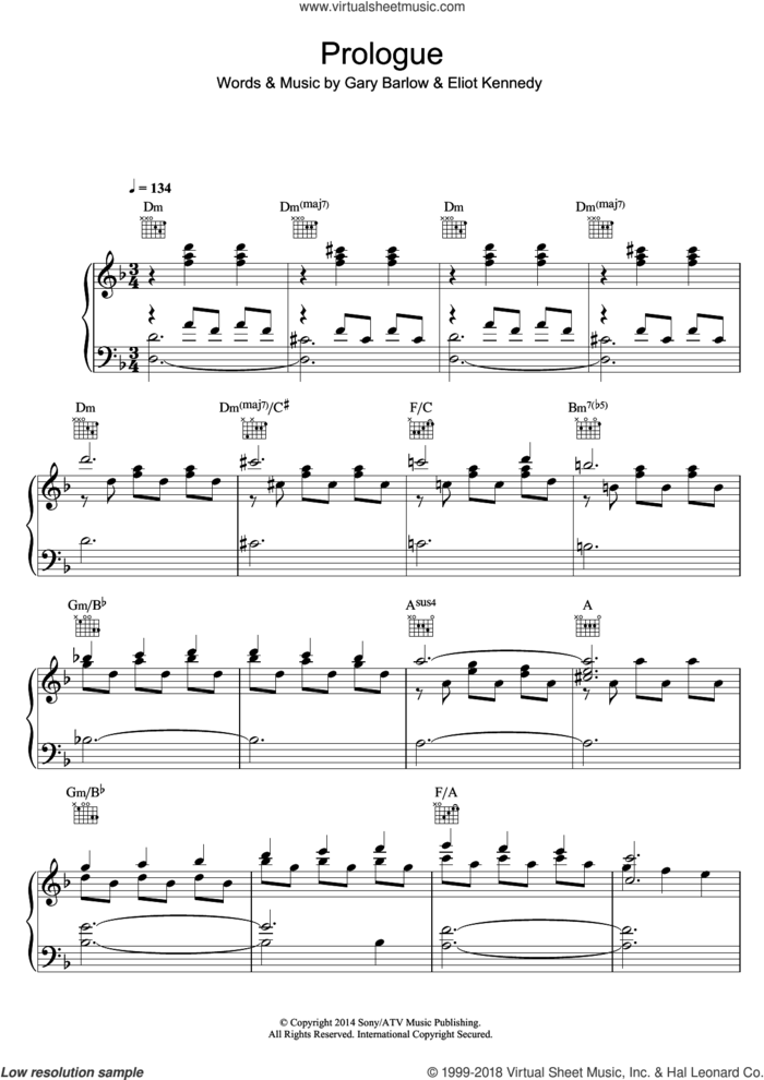 Prologue (from 'Finding Neverland') sheet music for voice, piano or guitar by Gary Barlow and Eliot Kennedy, intermediate skill level