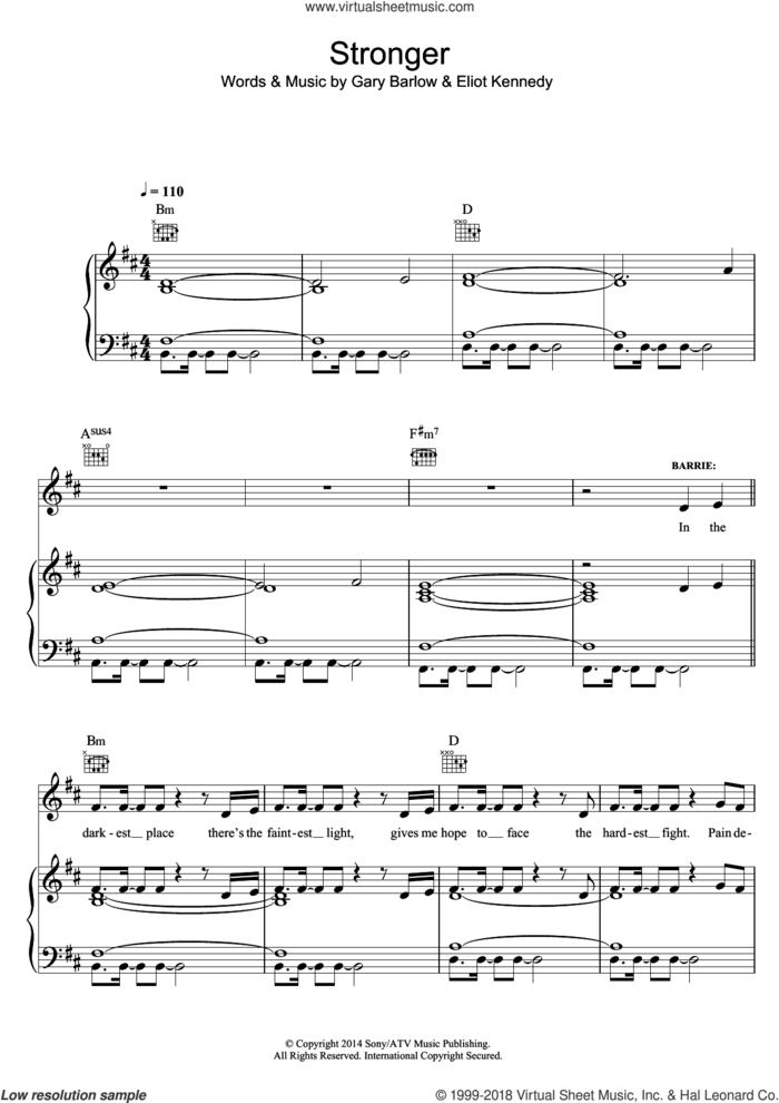 Stronger (from 'Finding Neverland') sheet music for voice, piano or guitar by Gary Barlow and Eliot Kennedy, intermediate skill level