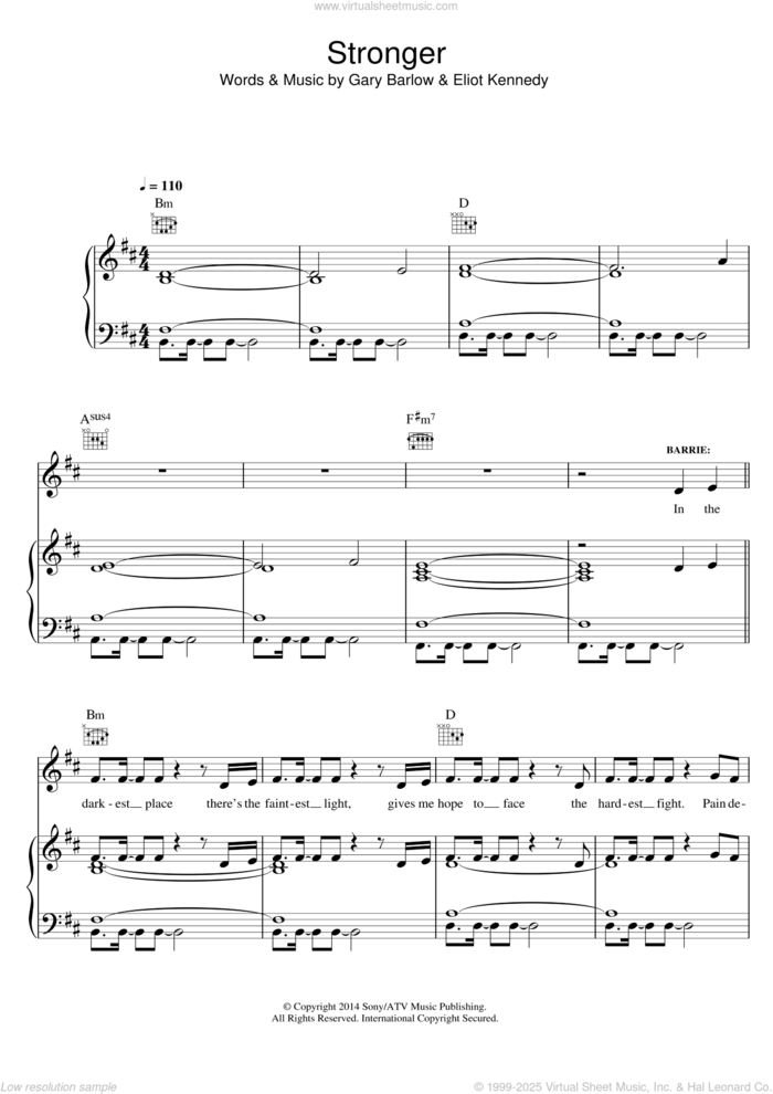 Stronger (from 'Finding Neverland') sheet music for voice, piano or guitar by Gary Barlow and Eliot Kennedy, intermediate skill level