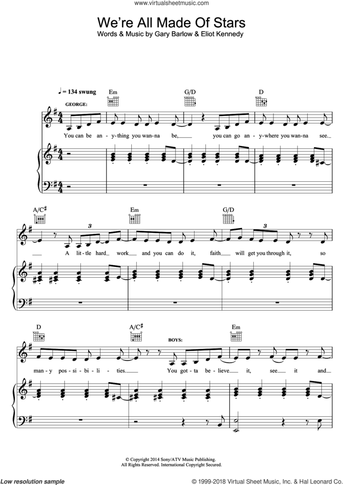 We're All Made Of Stars (from 'Finding Neverland') sheet music for voice, piano or guitar by Gary Barlow and Eliot Kennedy, intermediate skill level