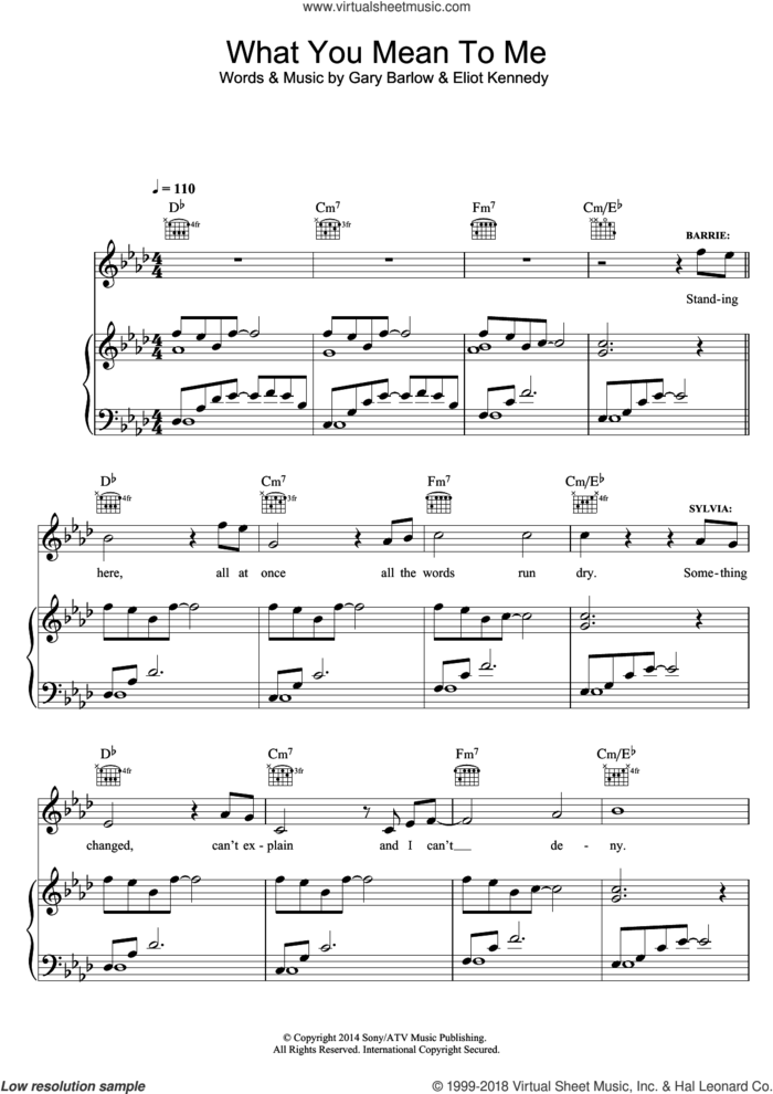 What You Mean To Me (from 'Finding Neverland') sheet music for voice, piano or guitar by Gary Barlow and Eliot Kennedy, intermediate skill level
