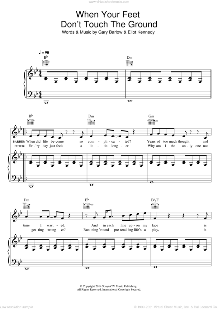 When Your Feet Don't Touch The Ground (from 'Finding Neverland') sheet music for voice, piano or guitar by Gary Barlow and Eliot Kennedy, intermediate skill level